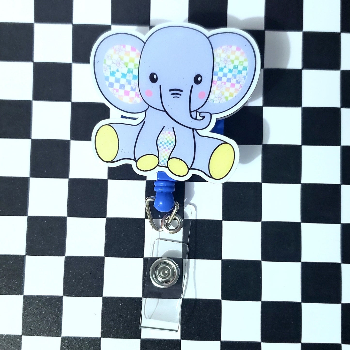 Checkered Elephant Badge Reel