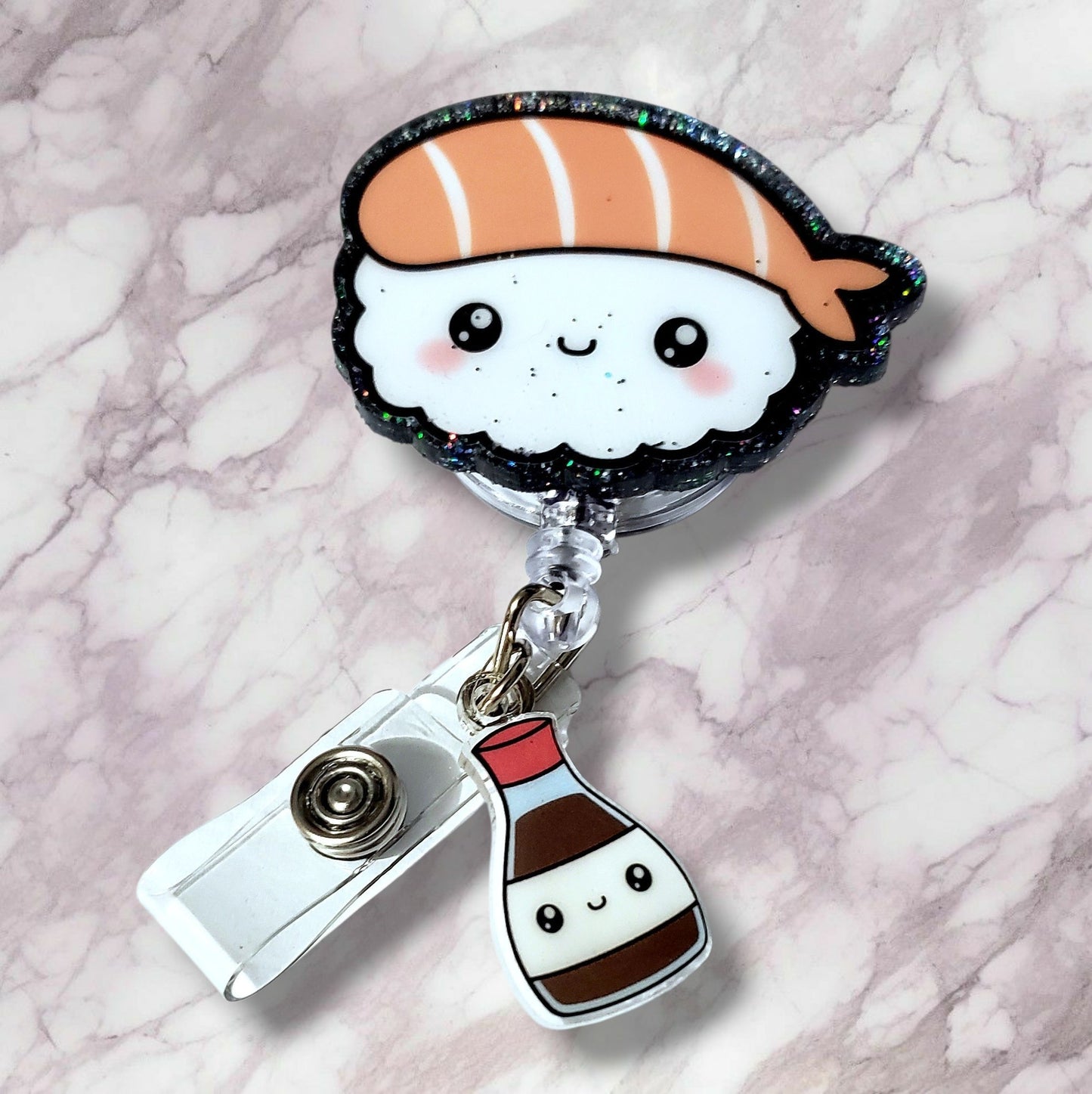 Sushi w/ Sauce Bottle Charm Badge Reel