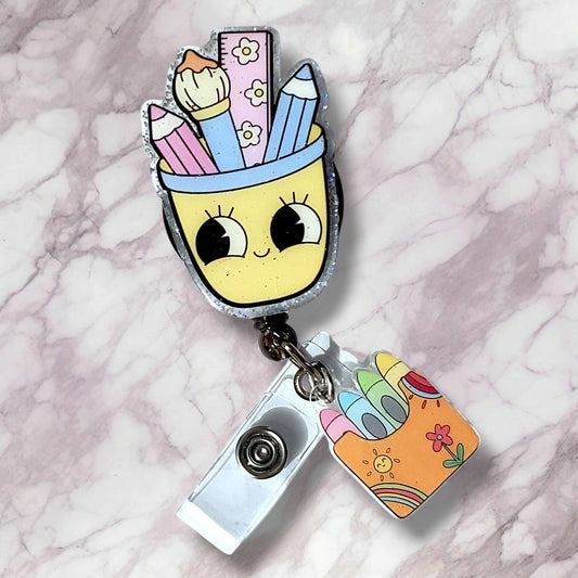Pencil Cup w/ Crayon Box Charm Badge Reel